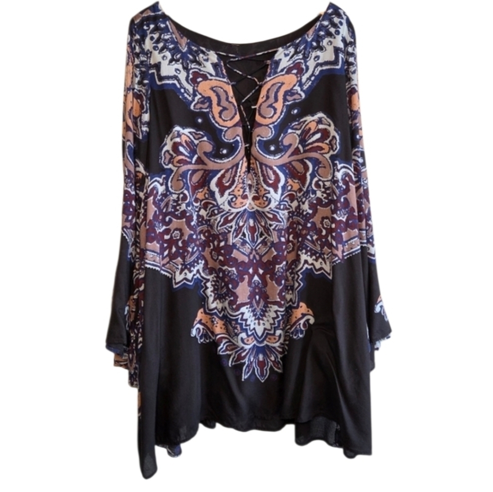 Free People Oversized Peasant Bohemian Black and Purple Lace Up Mini Dress Sz M